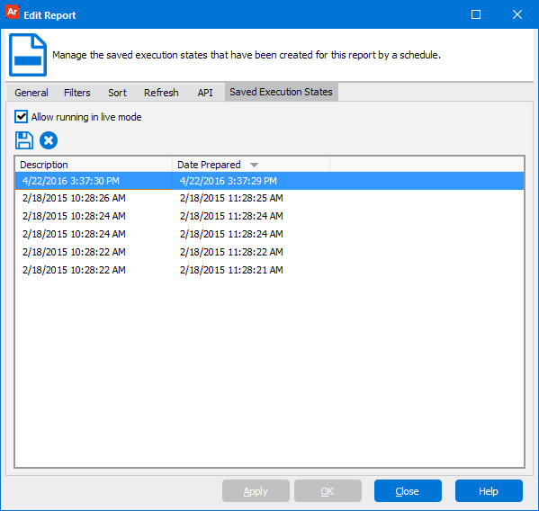 This image shows the Edit Report dialog with the Saved States tab selected.  Several saved reports are listed.